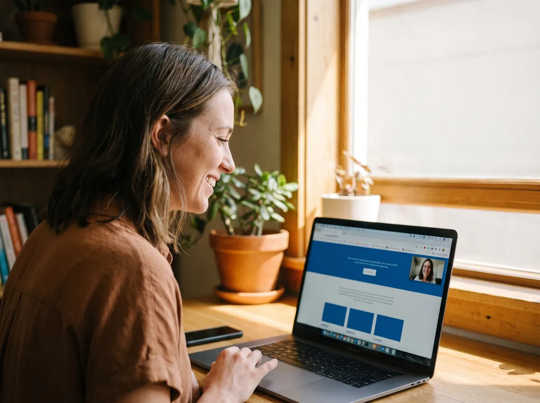 A small-business owner reviewing her website demo on a video call