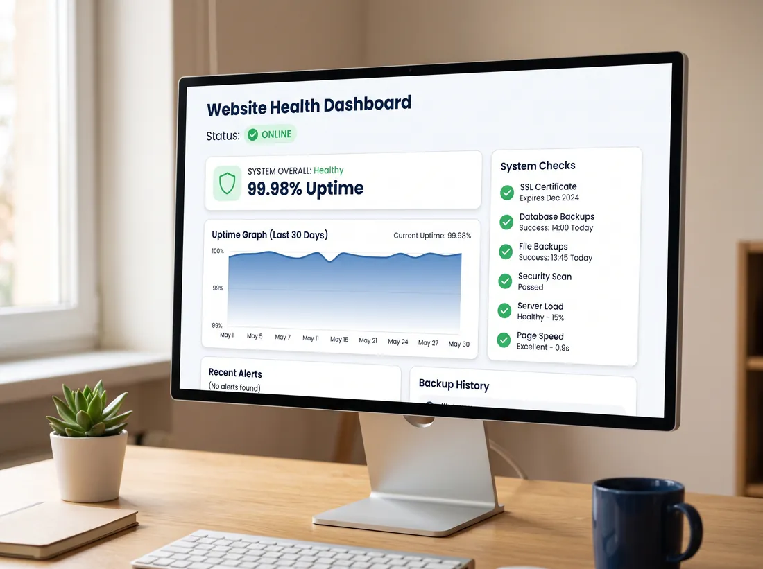 A website health dashboard showing uptime and backup status